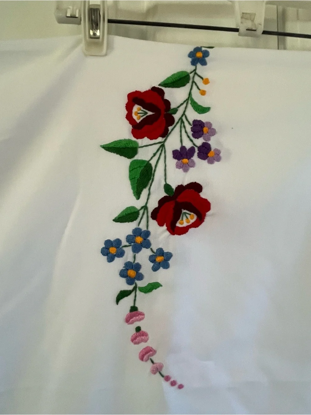 Vintage Hand Embroidered Kalocsa Floral Tablecloth Lace Trim White 88 X 44